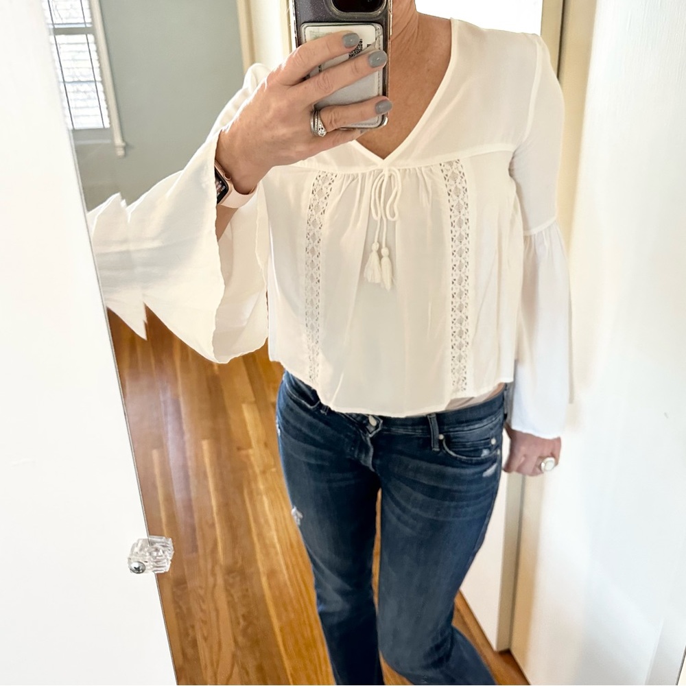 Garage White Boho Peasant Blouse | Lace Detail Bell Sleeves - Picture 5 of 11